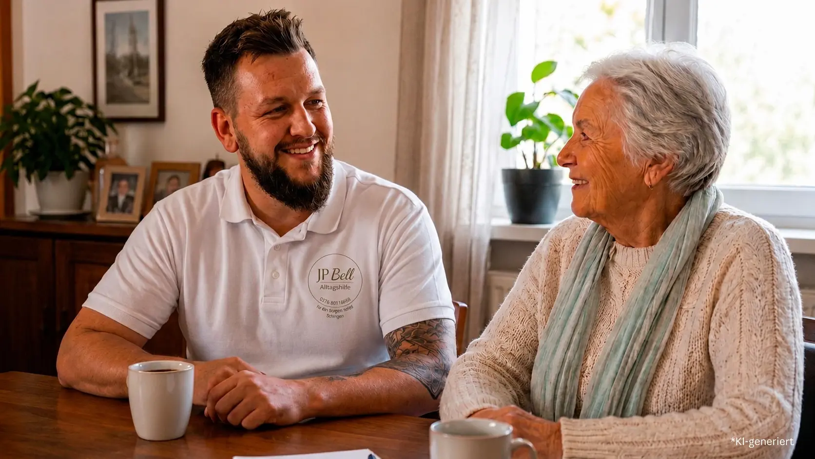 Mitarbeiter von JP Bell Alltagshilfe sitzt lächelnd mit einer älteren Dame am Wohnzimmertisch bei einer Tasse Kaffee und führt ein freundliches Gespräch – persönliche Alltagsbegleitung in der Region Solingen.